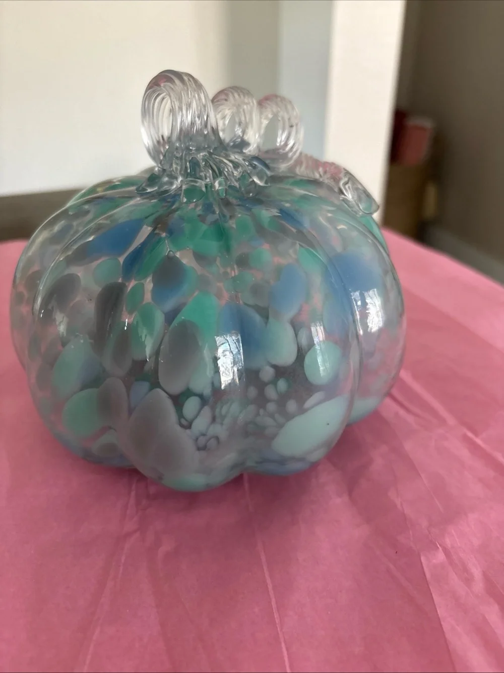 Handblown Glass Clear With Blue Spots  Pumpkin